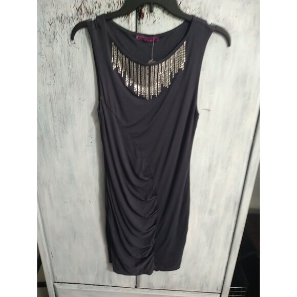 Velvet Embellish Rhinestone Ruch Sleeveless Mini Dress City Sexy Classic size p - Picture 4 of 10